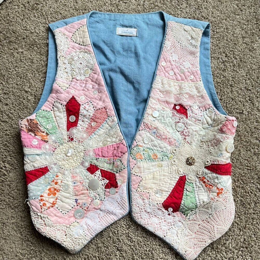 VTG Quilt Patchwork Prairie Vest Cottagecore Western Boho S/M OOAK